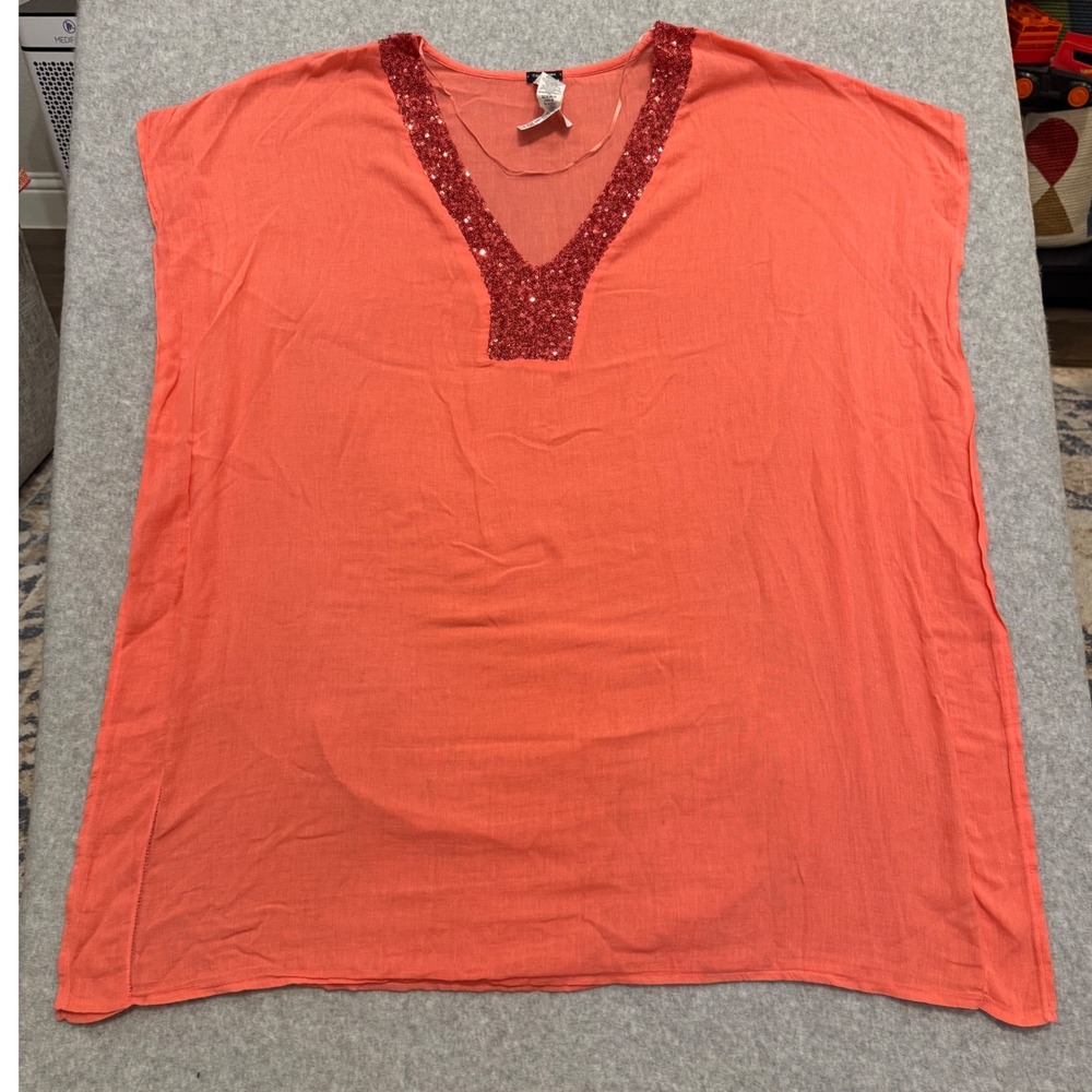 Calzedonia‎ Cobey Coral Orange Sequin V-Neck Cotton Beach Cover Up One Size
